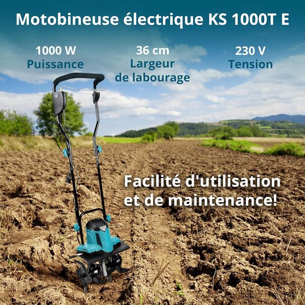 Könner & Söhnen KS 1000T E Motobineuse électrique, Fraises métalliques, Largeur de Travail 36 cm, Profondeur jusqu'à 22 cm, 1000 W, 230 V, 8 kg, Motoculteur pour Jardin, Plates-Bandes