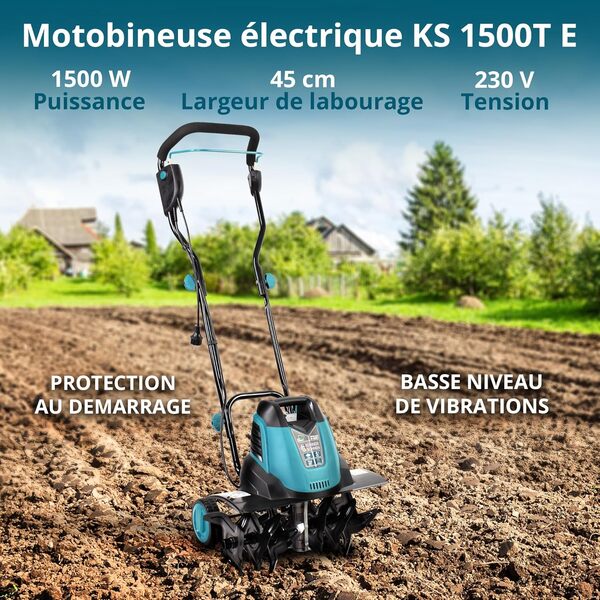 Könner & Söhnen KS 1500 T E Motobineuse électrique, Fraises en Acier 23 cm, Largeur de Travail 40 cm, Profondeur 23 cm, 1500 W, 230 V, Motoculteur pour Jardin, Plates-Bandes, terrains résidentiels