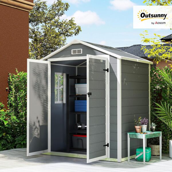 Outsunny Abri de Jardin cabanon en résine polypropylène 2,12 m² - 2 Portes 1 fenêtre et 1 Grille d'aération, Toit en Pente, Gris