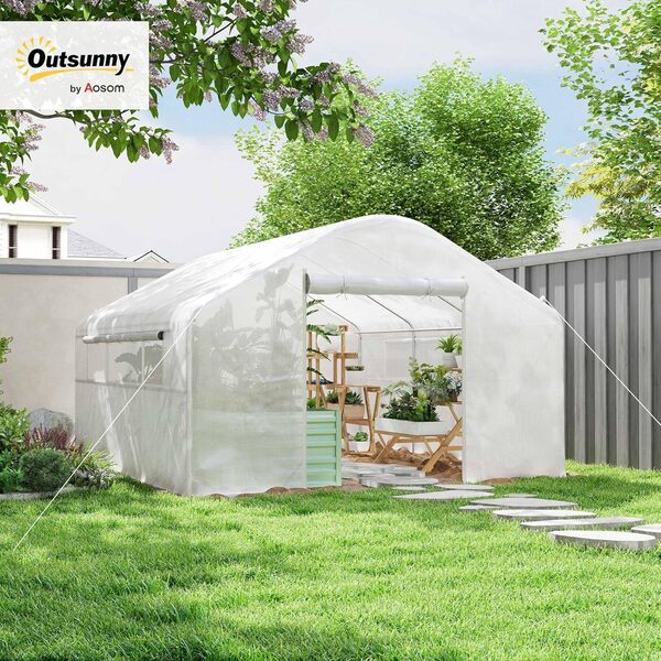 Outsunny Serre de jardin 12 m², serre tunnel de jardin 4 x 3 x 2 m avec portes enroulables et grandes fenêtres en maille, serre en acier galvanisé et PE haute densité 140 g/m² résistante aux UV, blanc
