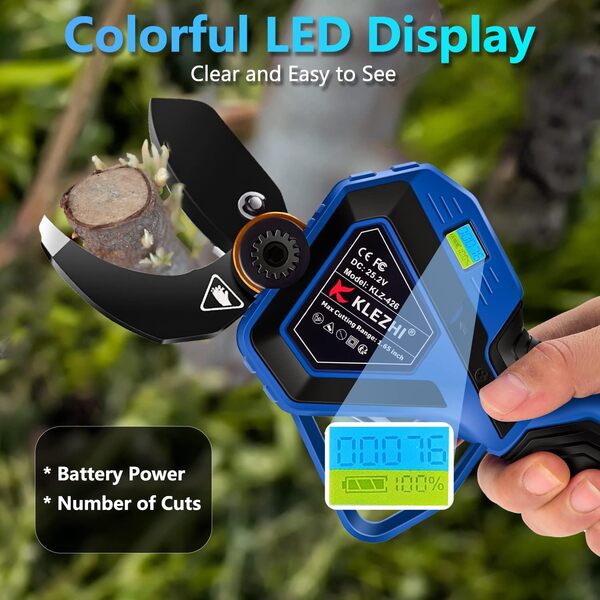 Sécateur Électrique 42mm avec Affichage LED, 1000W Sécateur de Jardin sans Fil Professionnel, 2PCS 25.2V 2Ah Batterie au Lithium Rechargeable - Bleu Foncé