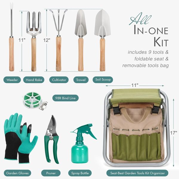 INNO STAGE Kit de 10 outils de jardinage avec sac de rangement et siège