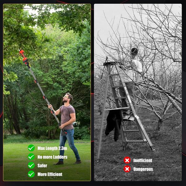 Sécateur électrique avec perche télescopique 2 m(6.56ft), Sécateur électrique sans fil avec Écran, 45MM Secateur electrique avec poteau extensible, 2 x 2.0 Ah Batteries, Pour Les Jardins, Les Branches
