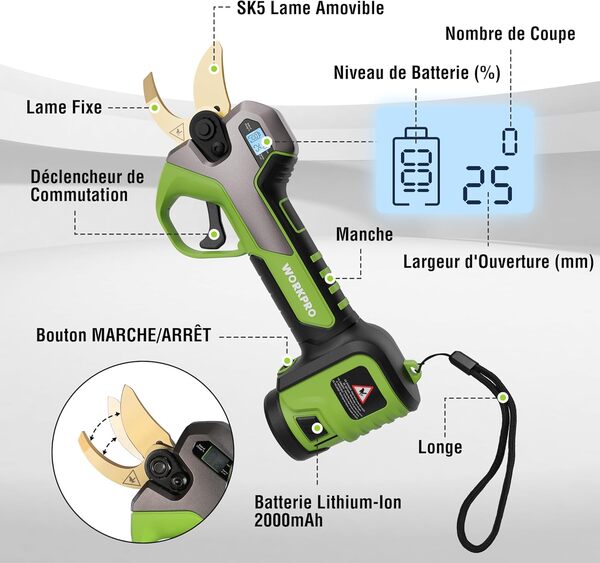 WORKPRO Sécateur Électrique Sans Fil Brushless 12 V, Secateur Electrique avec Écran, Professionnel Sécateur avec 2 Batteries de 2,0 Ah pour Jardins, Branches et Arbres Fruitiers
