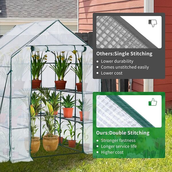 Serre à l'italienne avec 10 étagères, housse en plastique PE renforcé avec cadre en acier robuste, serre/pépinière pour jardin, terrasse ou espace, facile à assembler, 143 x 143 x 195 cm