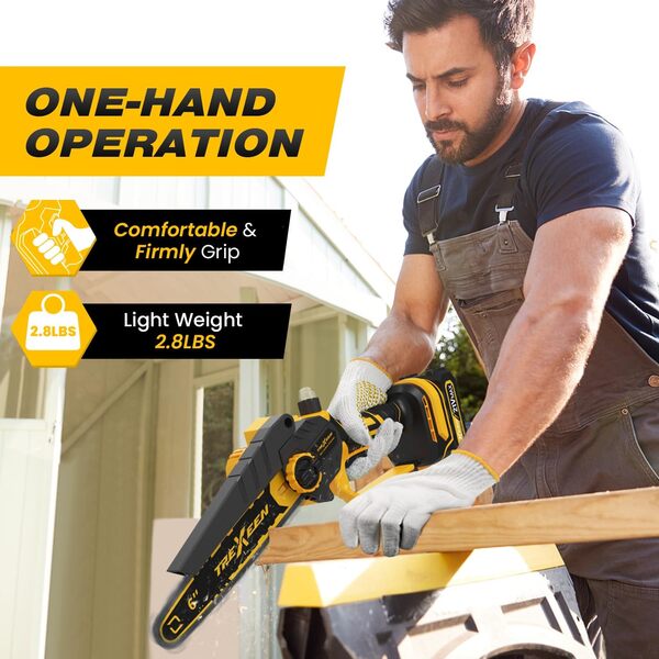 Mini tronçonneuse électrique sans fil de 15,2 cm – 900 W sans balais – Petite scie à chaîne portable sans balais avec régulateur de chaîne automatique et huileur automatique pour coupe du bois/coupe