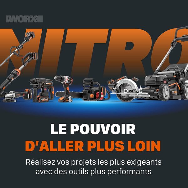 PACK WORX NITRO Élagueuse Mini Tronçonneuse sans Fil 20V WG325E.9 + Kit batterie 4Ah, chargeur, Brushless, Guide 12 cm, coupe 10 cm, pour élagage, taille, ébranchage, tronçonnage, capot de protection