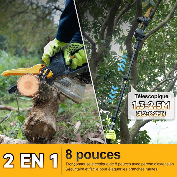 2-en-1 Mini Tronçonneuse & Élagueuse sur Perche, Scie Electrique 8 Pouces - Extension 1.3-2.5 m - 2 Batterie 4.0Ah et Lubrification Automatique - Coupe-Branches pour Jardinage (PR-E8-Set)