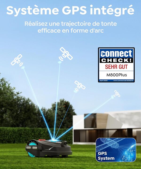 M800Plus Robot Tondeuse sans Fil Périphérique, GPS & Vision IA, 800 m², Tondeuse Robot sans Câble, Mode de Tonte en U, Détection de 150 Obstacles, Recharge Automatique, Contrôle Via App
