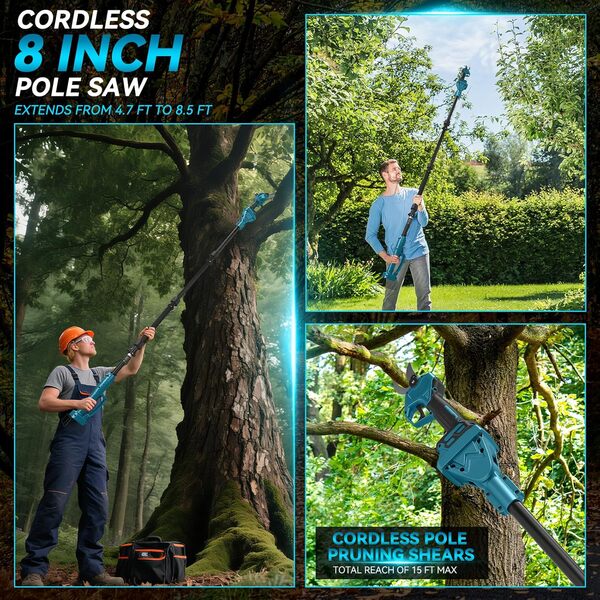 Scie à chaîne miniature de 8 pouces avec perche télescopique & élagueuse électrique 28 mm, set de jardin 4-en-1 compatible avec batterie Makita, portée maximale jusqu'à 4m (batterie non incluse)