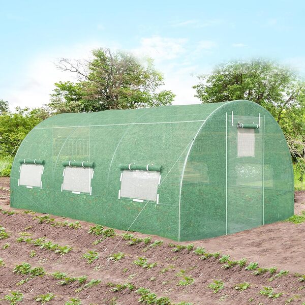 GOPLUS 4x3x2m Serre de Jardin, Serres de Jardin Tunnel avec Cadre en Acier Galvanisé avec 8 Fenêtres Latérales et 2 Portes, Jardin sous Serre 4 Saison pour Ferme, Cour arrière et Jardin, Vert