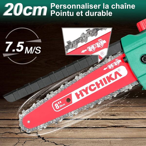 HYCHIKA Mini Tronconneuse A Batterie 18V, 20 cm Tronconneuse Electrique Sans Fil, Couvercle de Protection, Graissage Automatique Chaîne, pour la Coupe de Bois, l'élagage d'arbres et le Jardinage