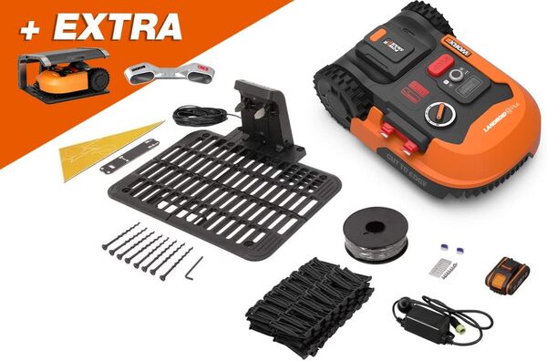 WORX - PACK LANDROID - 500m² - Tondeuse Robot connectée sans fil LANDROID - WR165E + EXTRAS [Module Anticollision System - évite les obstacles + Garage - protège de la pluie et du soleil]