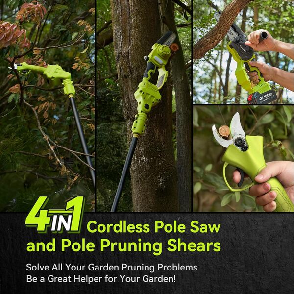 Mini Tronconneuse avec Perche 6 Pouces & Secateur Electrique Telescopique 33 mm, 4 en 1 Élagueuse sur Perche avec 2 * 4000 mAh Batteries, Portée Maximale 4,6 m