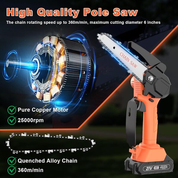 Élagueuse sur Perche Sans Fil et Mini Tronconneuse a Batterie 2 en 1 Tronconneuse Electrique 6 Pouces avec 2 Batteries, 2 Chaînes, Gant, Lunettes, Bandoulière, pour Jardin, Branches, Bois