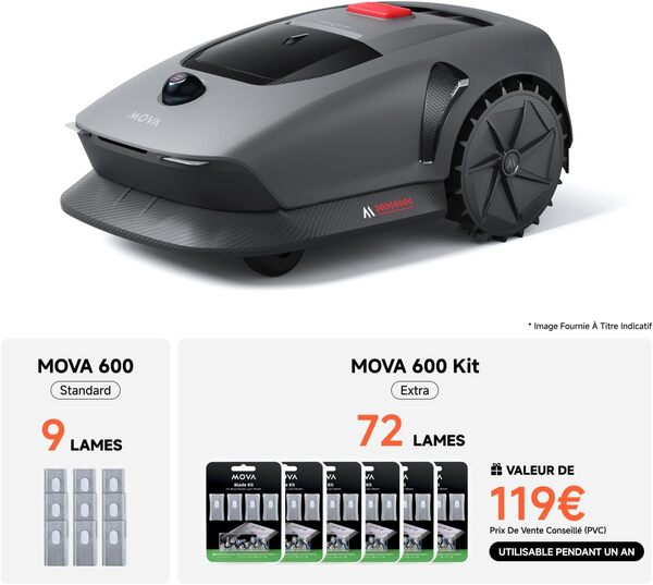 MOVA 600 Kit avec 81 Lames, Robot Tondeuse Installation sans Fil, cartographie 360° 3D LiDAR jusqu'à 800 m², évitement Intelligent des Obstacles. Contrôle Via App, Coupe en U, alertes de sécurité.