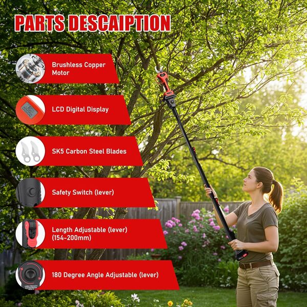 Secateur Electrique Sans Fil avec 2 Mètres Perche Télescopique: Sécateur Électrique avec 2 x 2000mAh Batterie Élagueuse, Diamètre De Coupe 25-50 mm et Secateur de Jardin pour Hedge, Arbre, Fruits