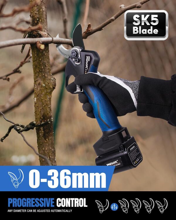 [Silencieux et Durable] SWANSOFT PRU36 Secateur Electrique Professionnel, 36mm 16,8V 900W 4Ah+2Ah Sécateur Électrique sans Fil Avec Batterie Secateur Electrique Sans Fil pour Jardinage, Bleu/Noir