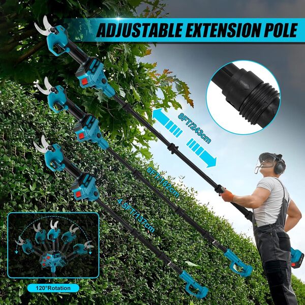 Sécateur électrique sans fil avec tige télescopique 2 m et 2 * 1500mAh batteries, sécateur électrique sans balais avec 2 vitesses, diamètre de coupe 30 mm, pierre à aiguiser