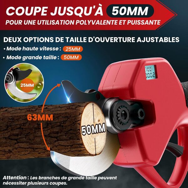 Sécateur Électrique Sans fil, 50mm Secateur Electrique, Sécateur électrique avec Écran avec 2 Batteries de 2.0Ah pour la taille, le jardinage, les arbres fruitiers et le vignoble Ciseau